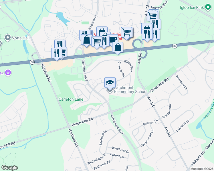 map of restaurants, bars, coffee shops, grocery stores, and more near 414 Willow Turn in Mount Laurel Township