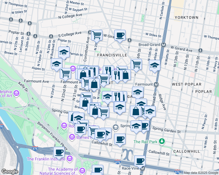 map of restaurants, bars, coffee shops, grocery stores, and more near 624 North 18th Street in Philadelphia