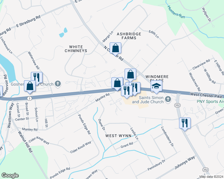 map of restaurants, bars, coffee shops, grocery stores, and more near 1487 West Chester Pike in West Chester