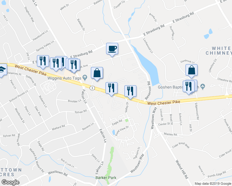 map of restaurants, bars, coffee shops, grocery stores, and more near 15 Mary Fran Drive in West Chester