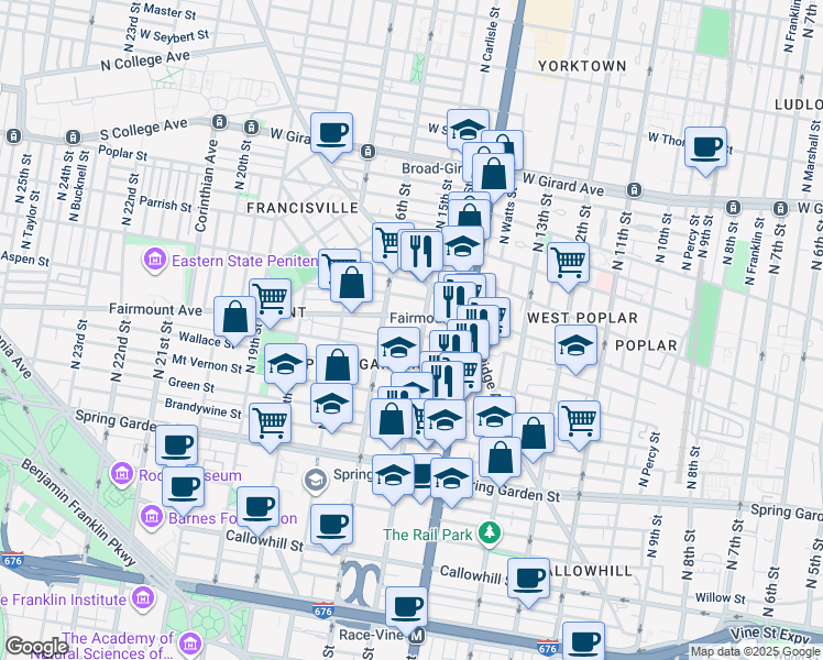 map of restaurants, bars, coffee shops, grocery stores, and more near 1509 Melon Street in Philadelphia