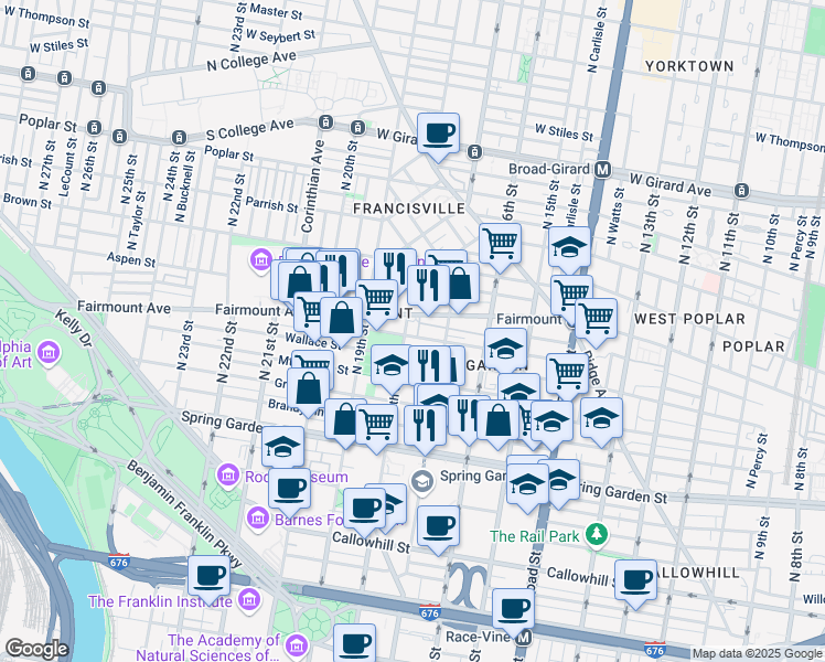 map of restaurants, bars, coffee shops, grocery stores, and more near 627-37 North 18th Street in Philadelphia