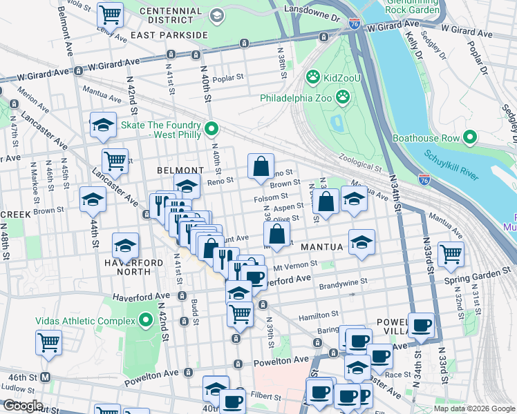 map of restaurants, bars, coffee shops, grocery stores, and more near 3913 Aspen Street in Philadelphia