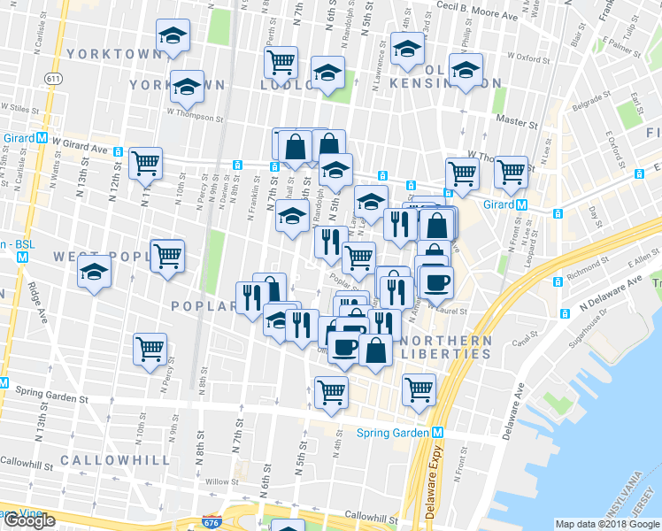 map of restaurants, bars, coffee shops, grocery stores, and more near 907 North 5th Street in Philadelphia