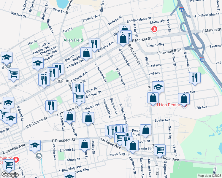 map of restaurants, bars, coffee shops, grocery stores, and more near 253 South Albemarle Street in York