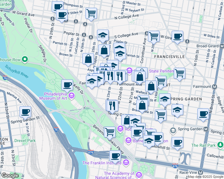 map of restaurants, bars, coffee shops, grocery stores, and more near 2220 Wallace Street in Philadelphia