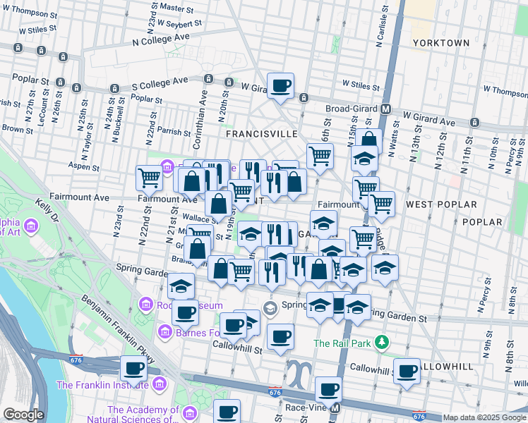 map of restaurants, bars, coffee shops, grocery stores, and more near 627-37 North 18th Street in Philadelphia