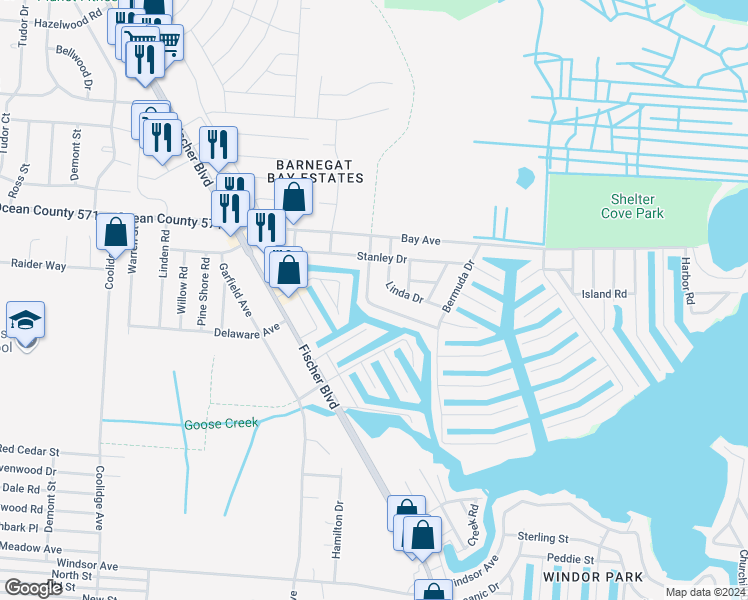 map of restaurants, bars, coffee shops, grocery stores, and more near 765 Tunney Point Drive in Toms River
