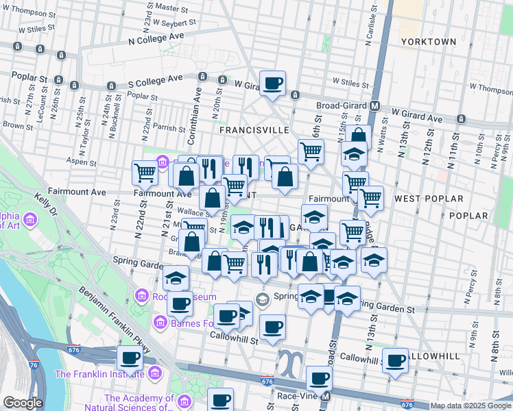 map of restaurants, bars, coffee shops, grocery stores, and more near 627-37 North 18th Street in Philadelphia