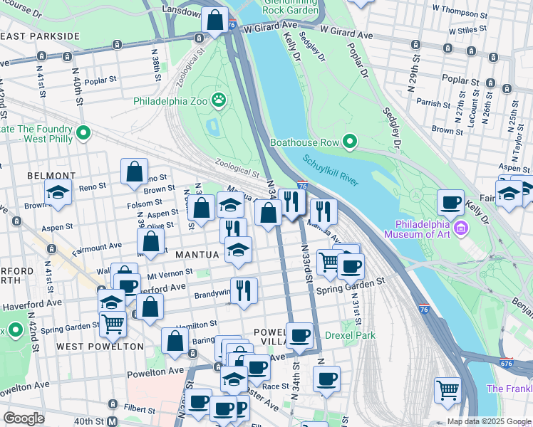 map of restaurants, bars, coffee shops, grocery stores, and more near 721 North Shedwick Street in Philadelphia