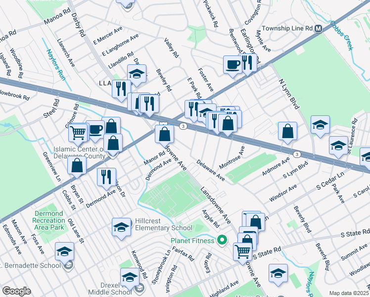 map of restaurants, bars, coffee shops, grocery stores, and more near 8516 Monroe Avenue in Upper Darby