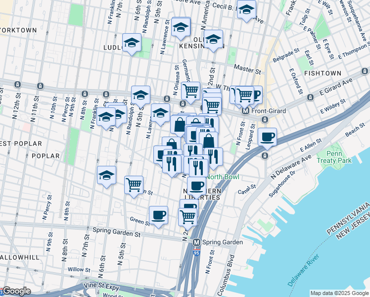 map of restaurants, bars, coffee shops, grocery stores, and more near 1003 North Bodine Street in Philadelphia