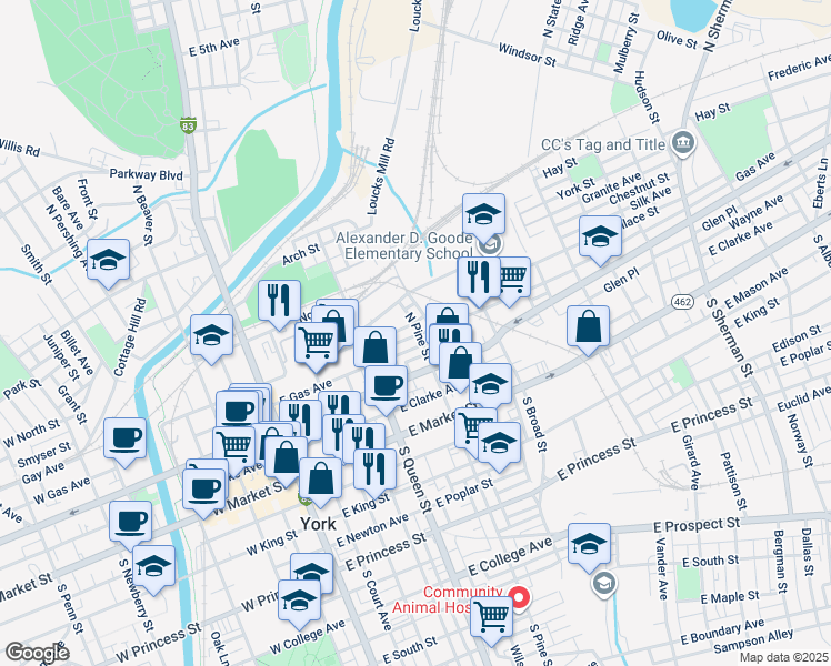 map of restaurants, bars, coffee shops, grocery stores, and more near 263 Walnut Street in York