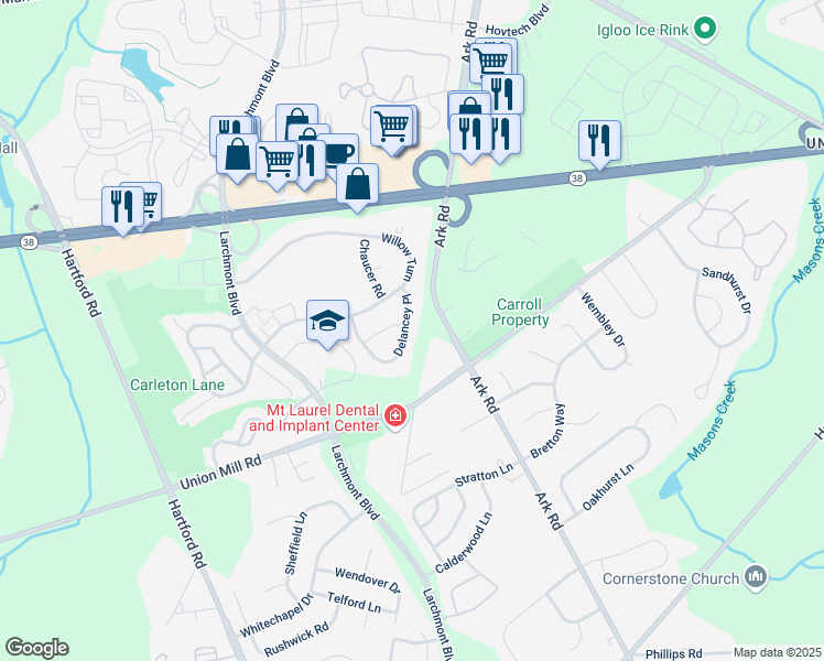 map of restaurants, bars, coffee shops, grocery stores, and more near 313B Delancey Place in Mount Laurel Township