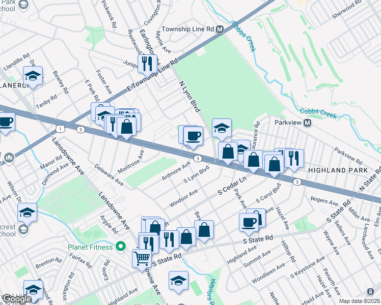 map of restaurants, bars, coffee shops, grocery stores, and more near 8501 West Chester Pike in Upper Darby