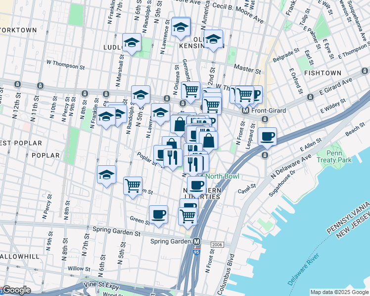 map of restaurants, bars, coffee shops, grocery stores, and more near 957 North American Street in Philadelphia