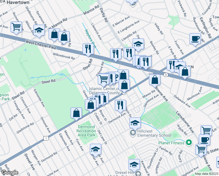 map of restaurants, bars, coffee shops, grocery stores, and more near 116 Township Line Road in Havertown