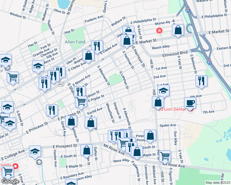 map of restaurants, bars, coffee shops, grocery stores, and more near 253 South Albemarle Street in York