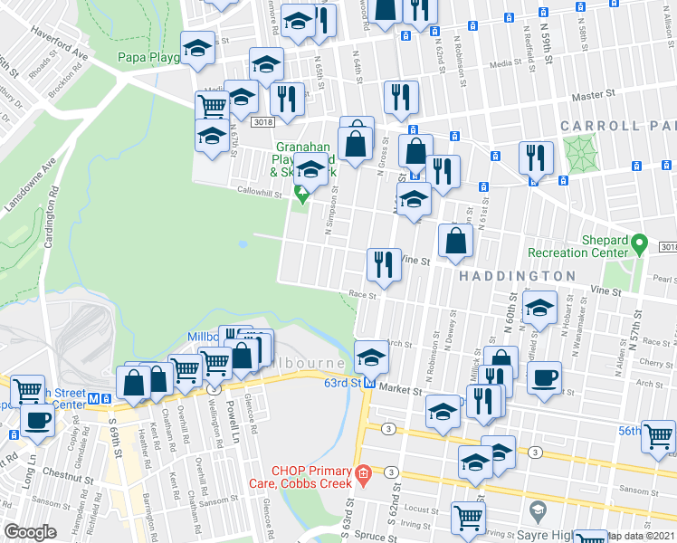 map of restaurants, bars, coffee shops, grocery stores, and more near 228 North 64th Street in Philadelphia