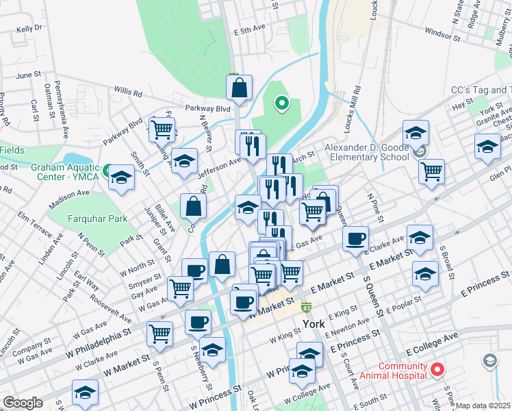 map of restaurants, bars, coffee shops, grocery stores, and more near 320 North George Street in York