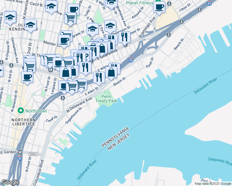 map of restaurants, bars, coffee shops, grocery stores, and more near 1325R Beach Street in Philadelphia