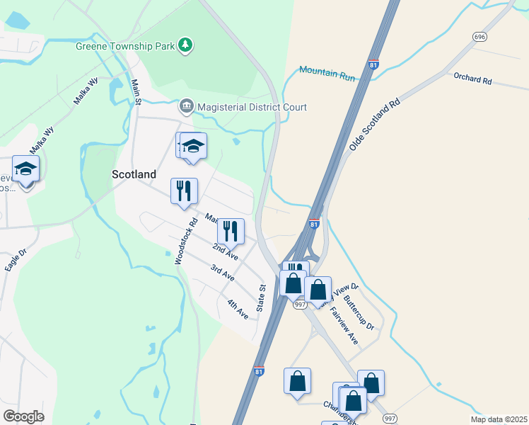 map of restaurants, bars, coffee shops, grocery stores, and more near 1419 Doron Road in Chambersburg