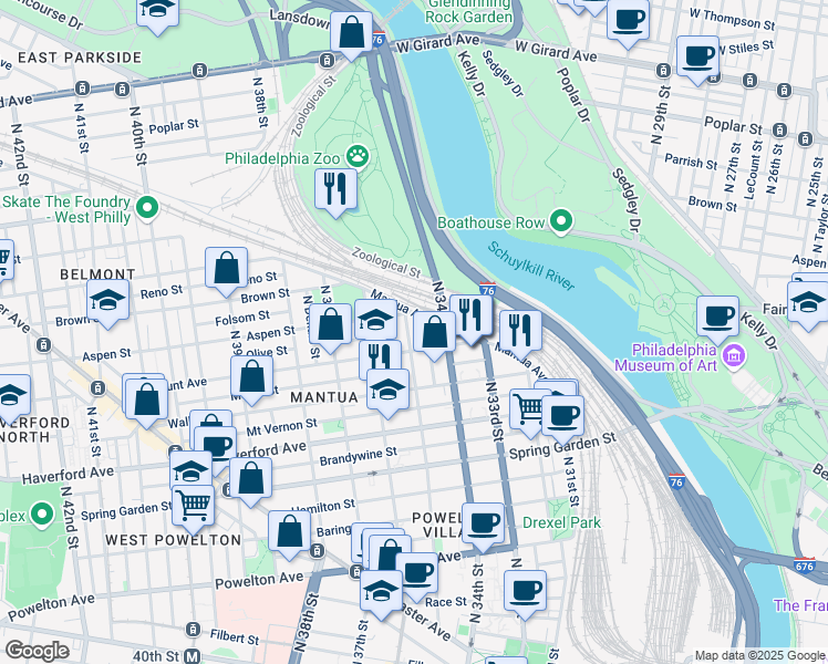map of restaurants, bars, coffee shops, grocery stores, and more near 717 North 35th Street in Philadelphia
