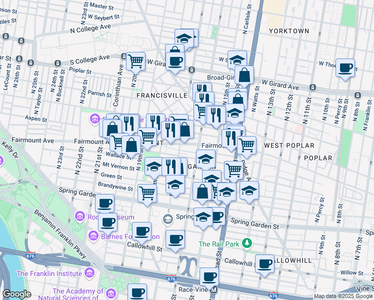map of restaurants, bars, coffee shops, grocery stores, and more near 651 North 17th Street in Philadelphia