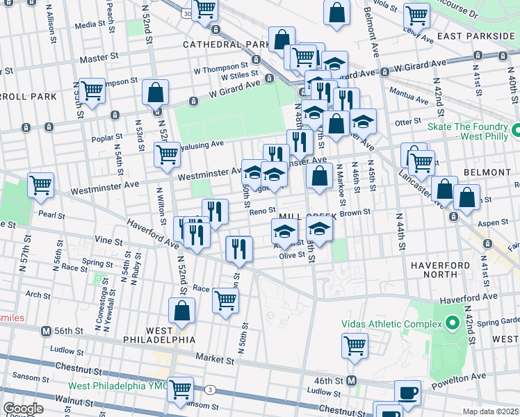map of restaurants, bars, coffee shops, grocery stores, and more near 879 North 49th Street in Philadelphia