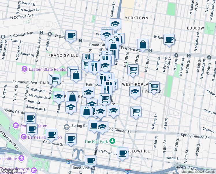 map of restaurants, bars, coffee shops, grocery stores, and more near 699 North Broad Street in Philadelphia