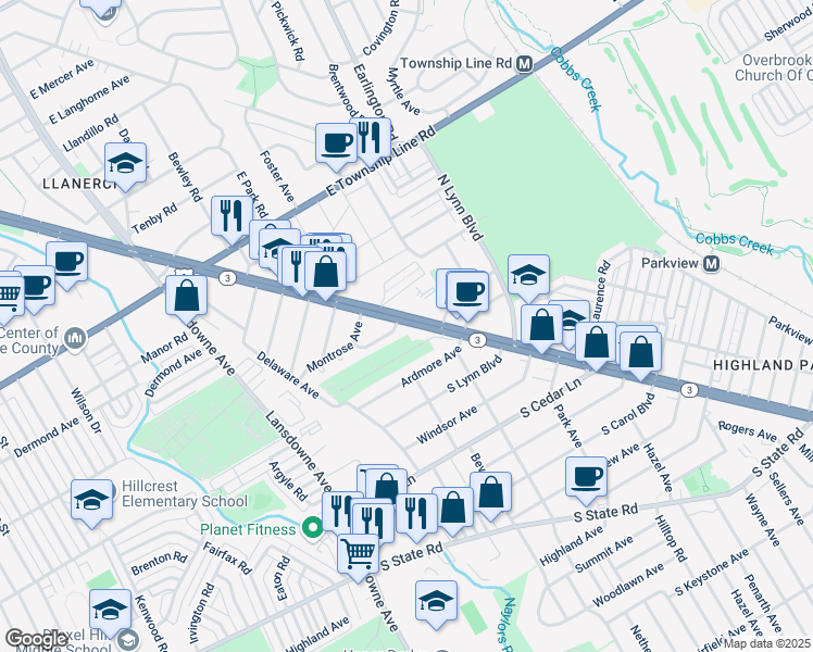 map of restaurants, bars, coffee shops, grocery stores, and more near 8650 West Chester Pike in Upper Darby