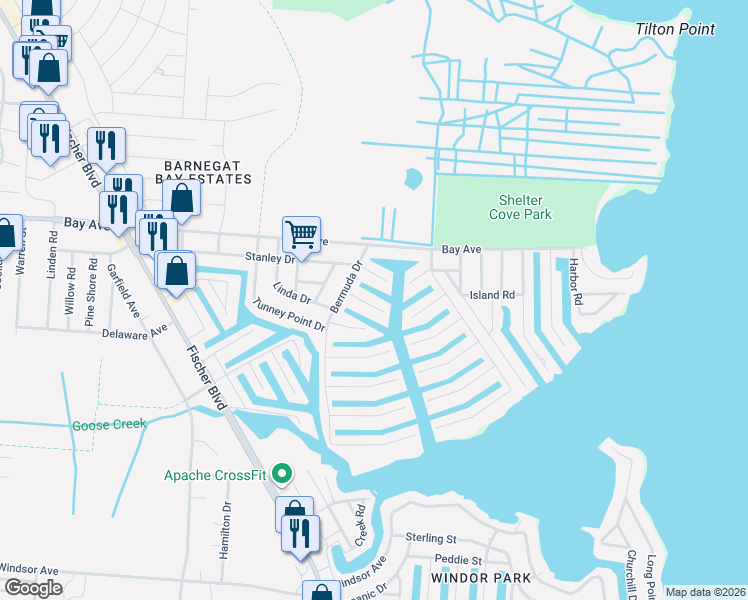 map of restaurants, bars, coffee shops, grocery stores, and more near 5 Anegada Avenue in Toms River