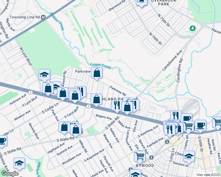 map of restaurants, bars, coffee shops, grocery stores, and more near 121 Englewood Road in Upper Darby