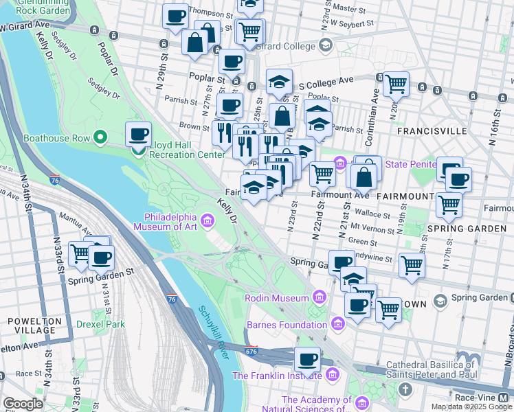 map of restaurants, bars, coffee shops, grocery stores, and more near 2401 Pennsylvania Avenue in Philadelphia