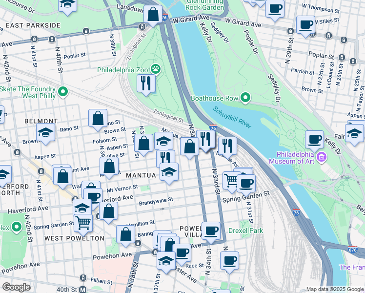 map of restaurants, bars, coffee shops, grocery stores, and more near 717 North 35th Street in Philadelphia