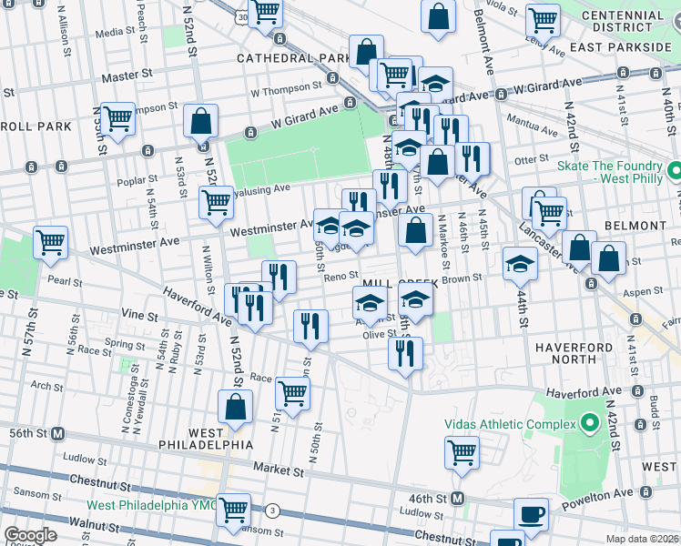 map of restaurants, bars, coffee shops, grocery stores, and more near 879 North 49th Street in Philadelphia