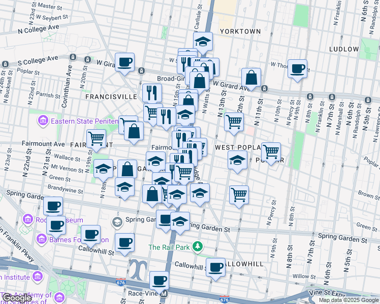 map of restaurants, bars, coffee shops, grocery stores, and more near 699 North Broad Street in Philadelphia