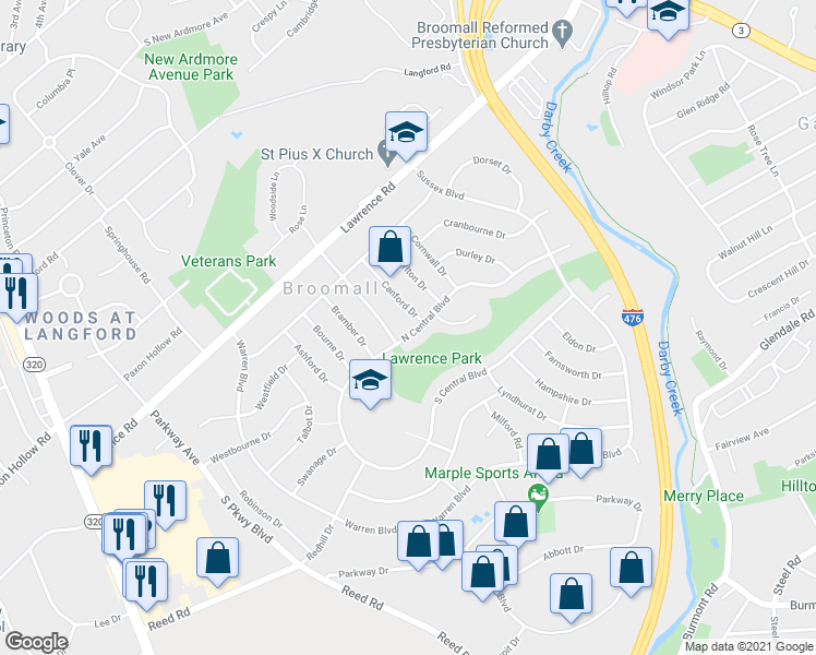 map of restaurants, bars, coffee shops, grocery stores, and more near 264 North Central Boulevard in Broomall