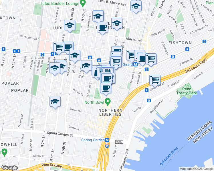 map of restaurants, bars, coffee shops, grocery stores, and more near 1002 North 2nd Street in Philadelphia