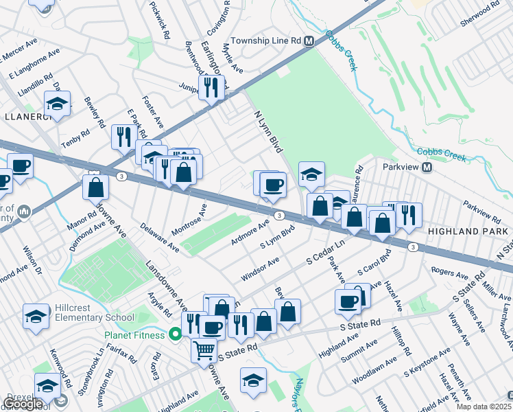 map of restaurants, bars, coffee shops, grocery stores, and more near 8600 West Chester Pike in Delaware County
