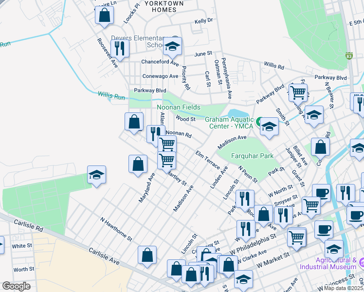 map of restaurants, bars, coffee shops, grocery stores, and more near 742 Elm Terrace in York