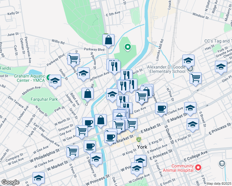 map of restaurants, bars, coffee shops, grocery stores, and more near 320 North George Street in York