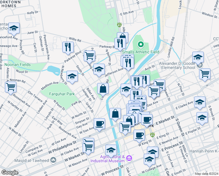 map of restaurants, bars, coffee shops, grocery stores, and more near 142 Hamilton Avenue in York
