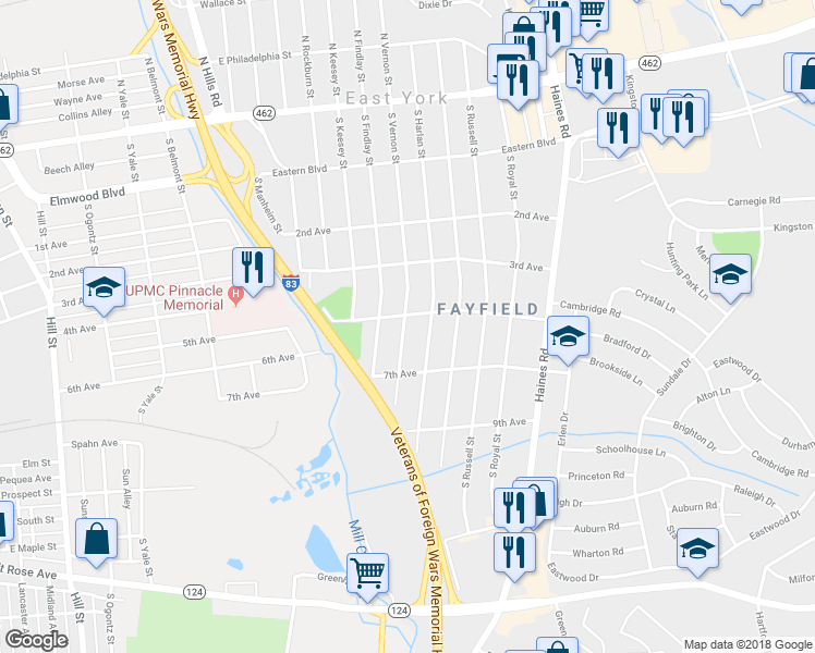 map of restaurants, bars, coffee shops, grocery stores, and more near 511 South Vernon Street in York
