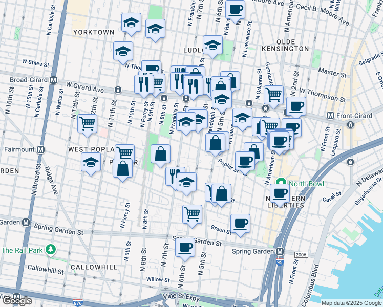 map of restaurants, bars, coffee shops, grocery stores, and more near 857 North Marshall Street in Philadelphia