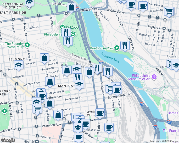 map of restaurants, bars, coffee shops, grocery stores, and more near 3404 Mantua Avenue in Philadelphia