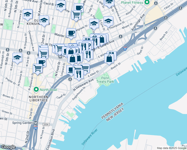 map of restaurants, bars, coffee shops, grocery stores, and more near 300 Richmond Street in Philadelphia