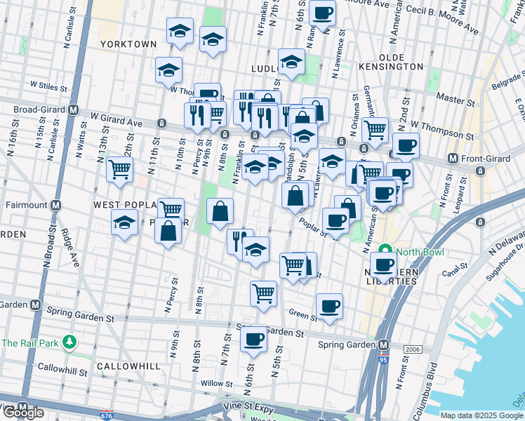 map of restaurants, bars, coffee shops, grocery stores, and more near 857 North Marshall Street in Philadelphia