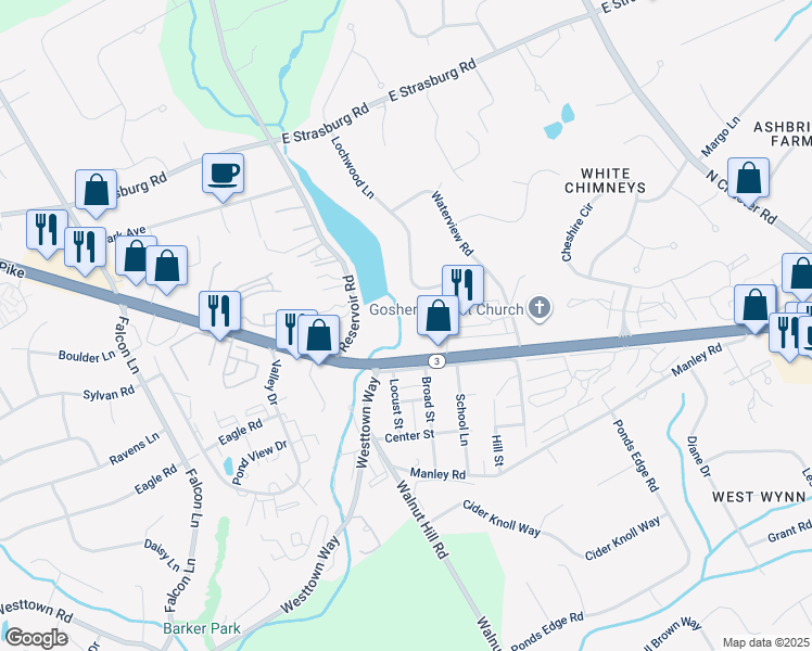 map of restaurants, bars, coffee shops, grocery stores, and more near 22 Lochwood Lane in West Chester
