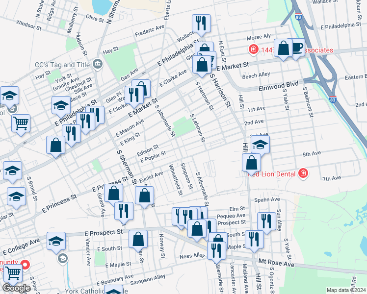 map of restaurants, bars, coffee shops, grocery stores, and more near 251 South Albemarle Street in York
